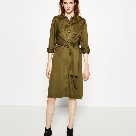 🥦 ZARA- Olive green Wrap Front tie dress - Picture 1 of 7